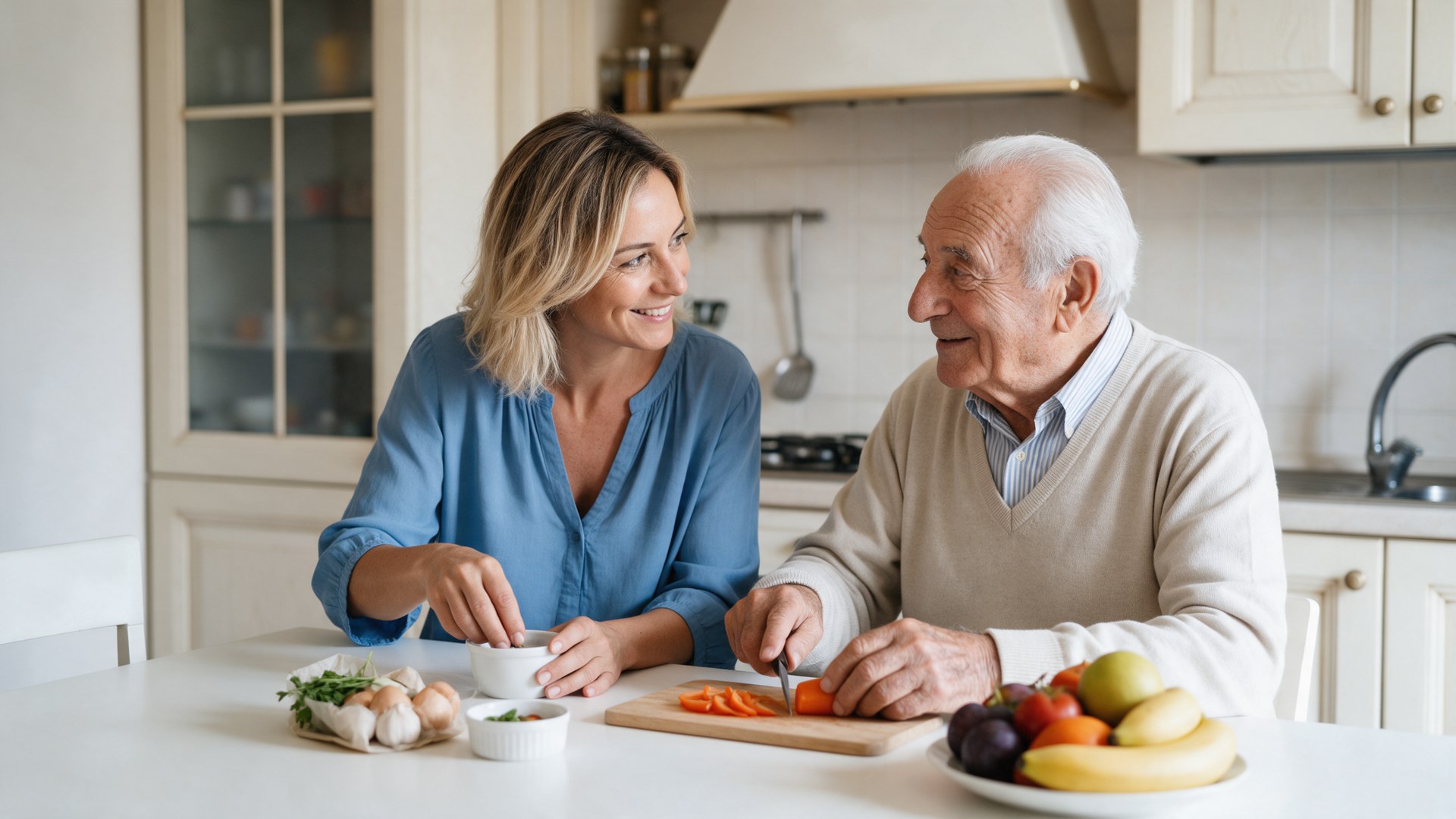Assistente e signore anziano preparano il pranzo nella cucina di casa